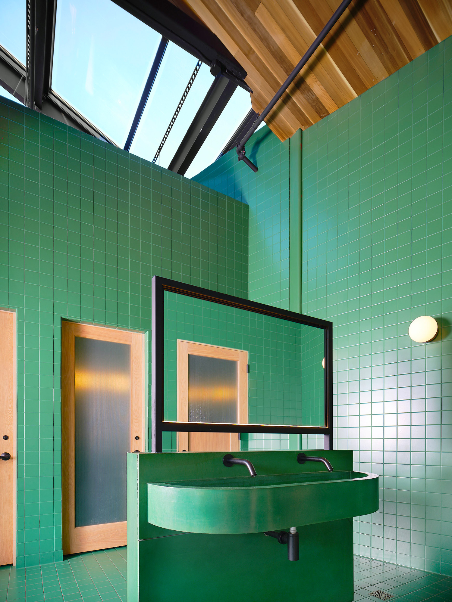 Block Club case study, Wayland Brewing Company. Interior restroom detail.